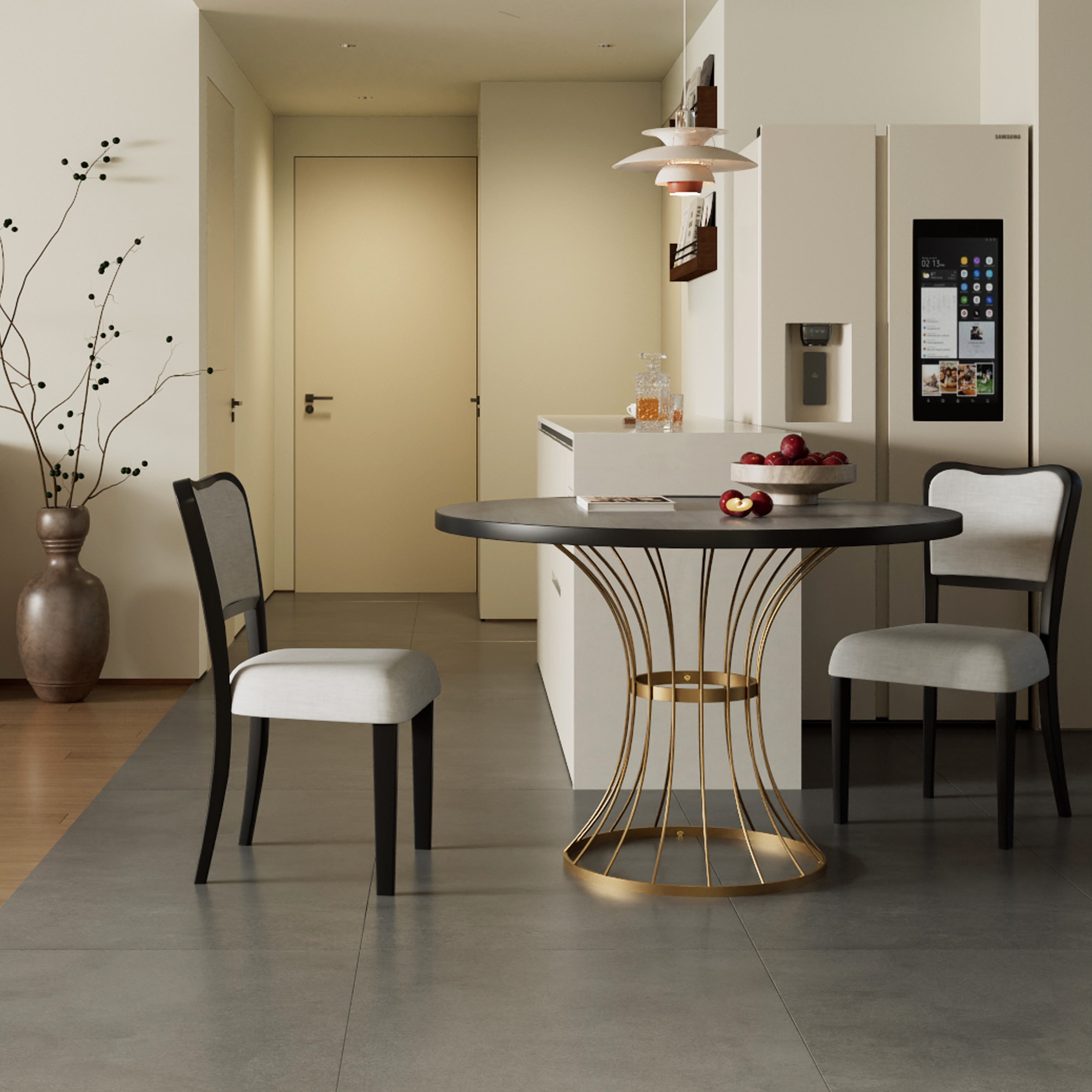 42" Round Dark Oak Dining Set - Solid Wood-Look Veneer Table + 2 Upholstered Walnut-Finish Chairs, Heavy-Duty Iron Base