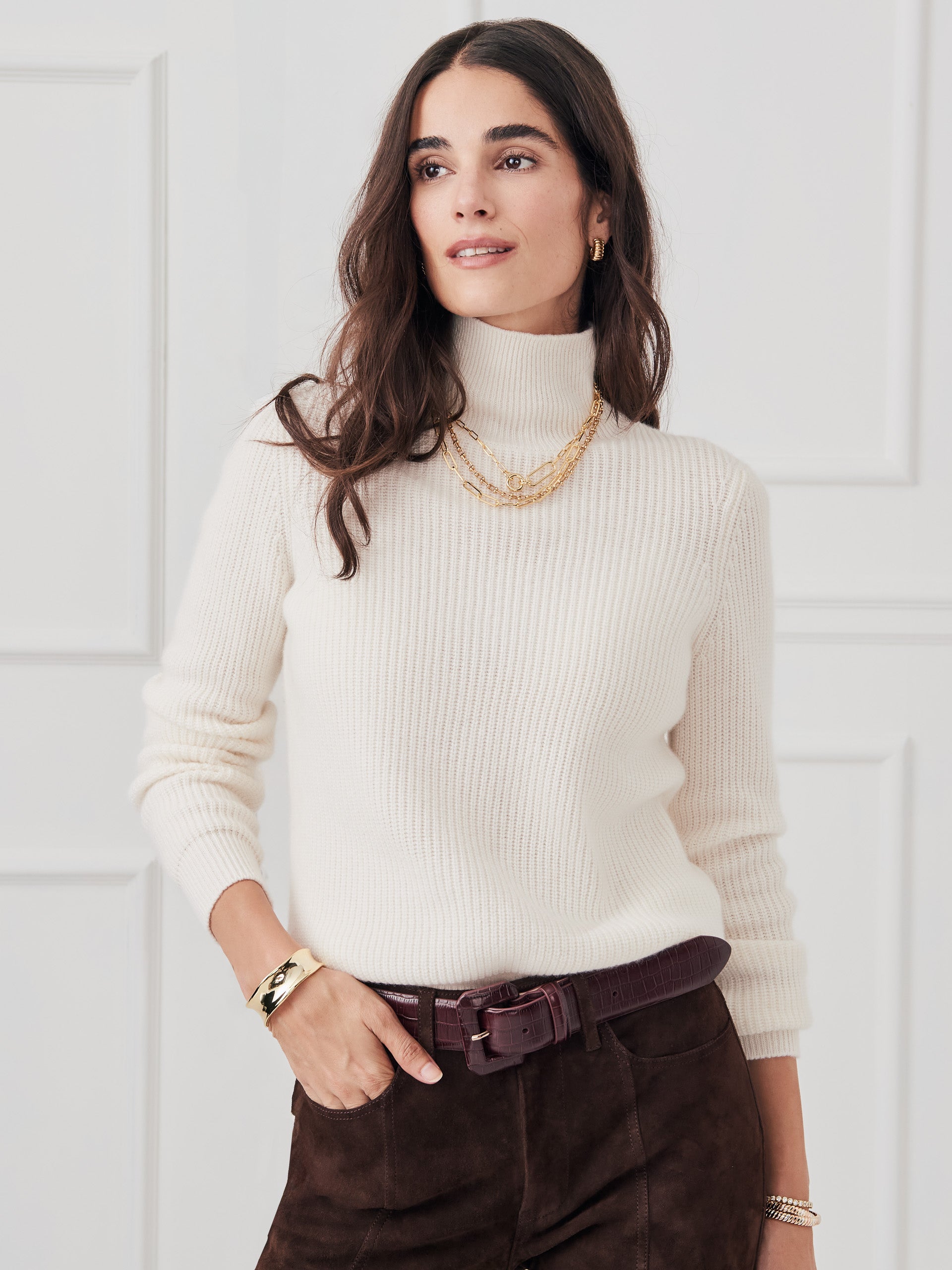 J.McLaughlin Women's Amelia Cashmere Turtleneck Top Ivory, Size XS