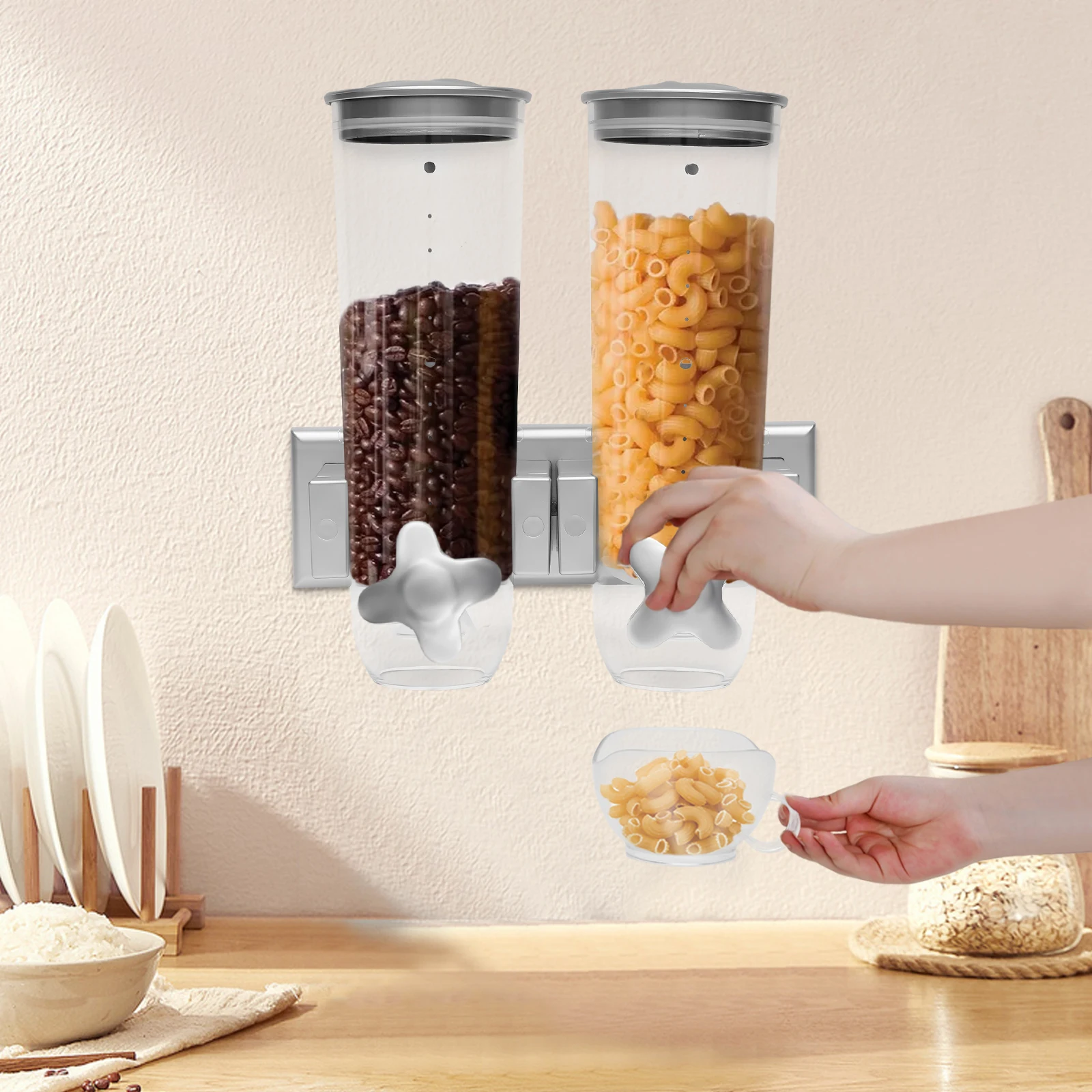 Distributeur de nourriture mural 3L, double seau, stockage des aliments secs, contrôle des Portions pour les Grains de riz, organisateur de cuisine peu encombrant