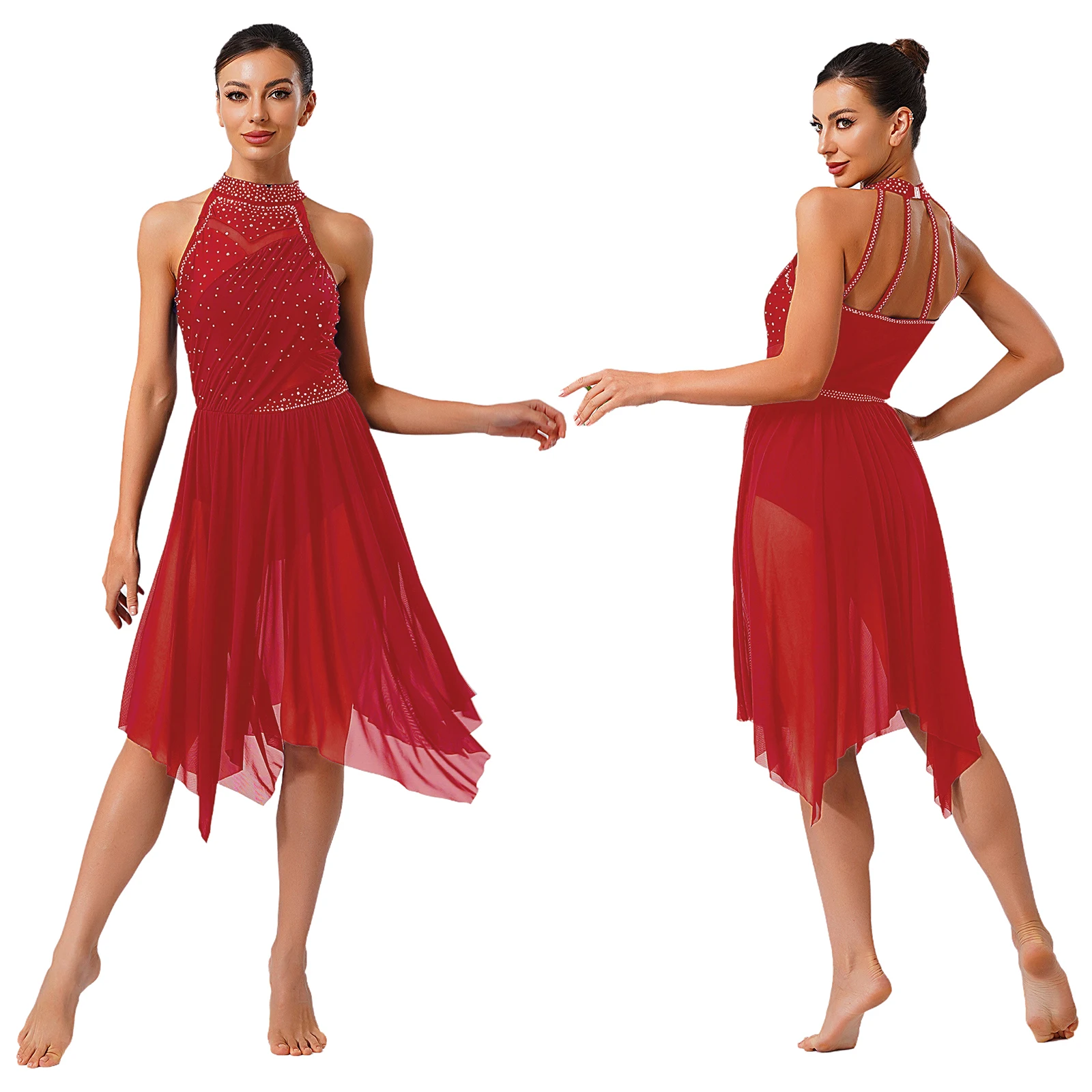 Costumes de danse lyrique pour femmes, col licou, strass scintillants, justaucorps en maille irrégulière, jupe, robe de danse pour compétition de patinage artistique