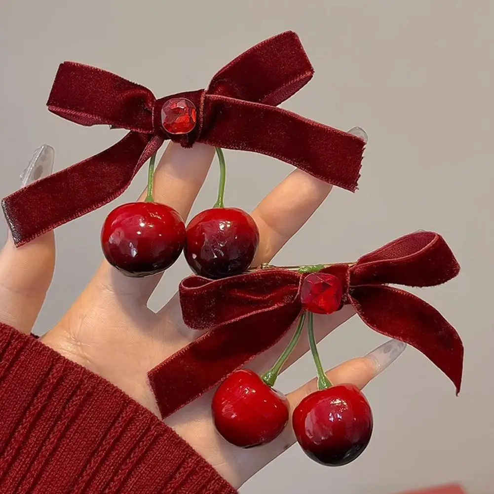 Samt Schleife Rote Kirsche Haarnadeln Haarspangen Mädchen Fliegen Haarschleifen Ornament Vielseitig Süße Pastorale Haarspange Haarschmuck Image