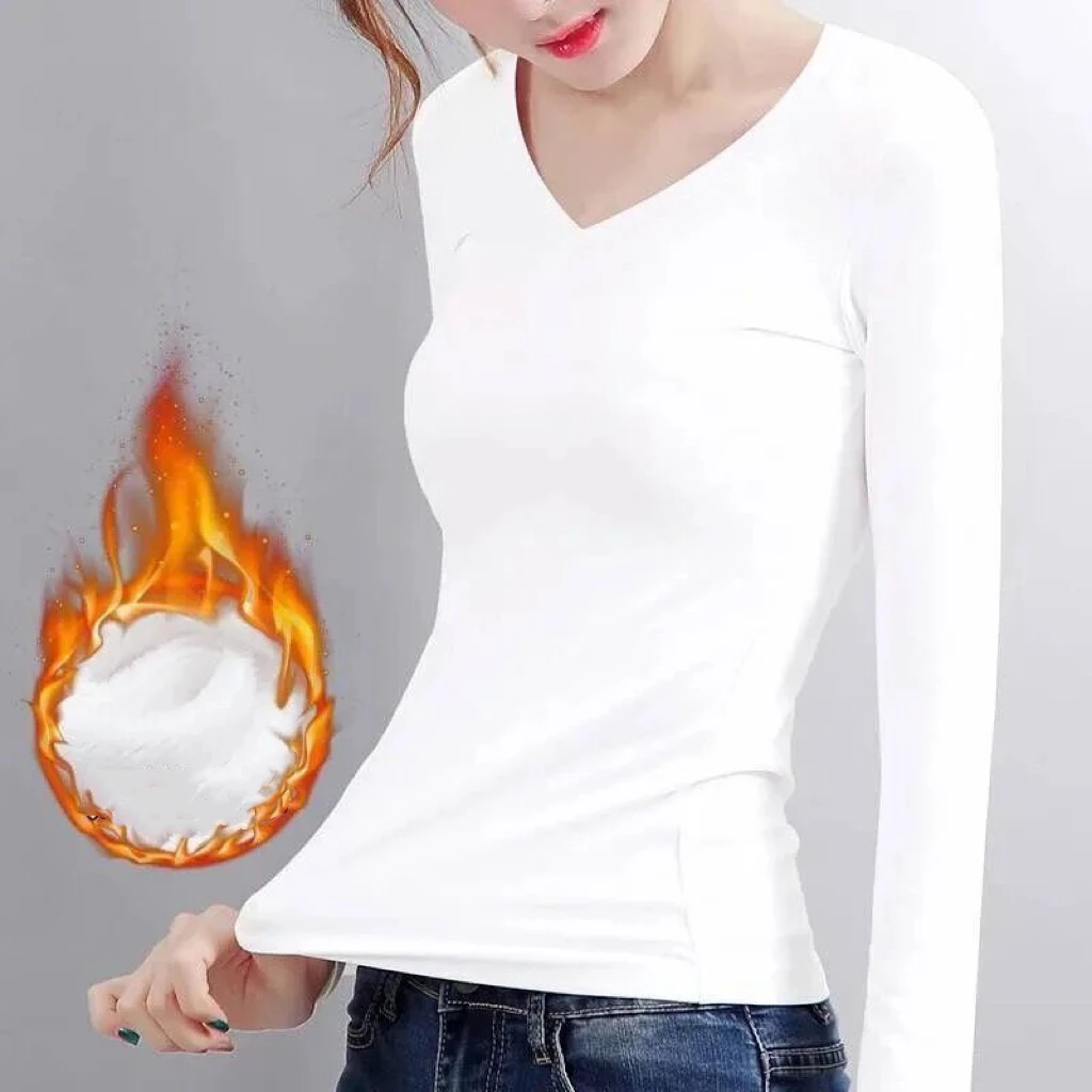 1 stücke Frauen Herbst Winter Lange-ärmeln T-shirt Dame Thermische Unterwäsche Dicke Samt Slim Fit Mode Neue Stil V-ausschnitt top Image