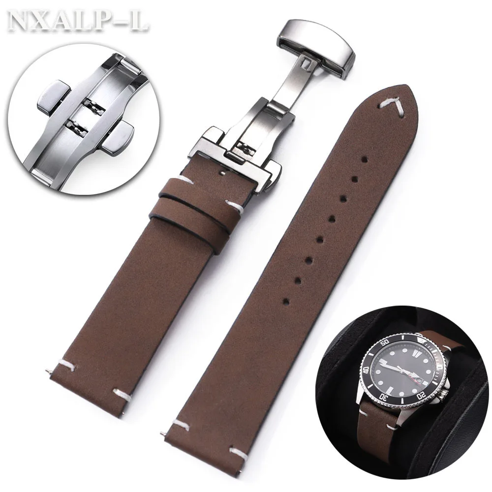 Leder-Uhrenarmband mit Schmetterlingsschnalle, 18 mm, 20 mm, 22 mm, für Omega, Seiko-Armband, Nähte, PU-Leder-Uhrenarmband, Schnellverschluss Image