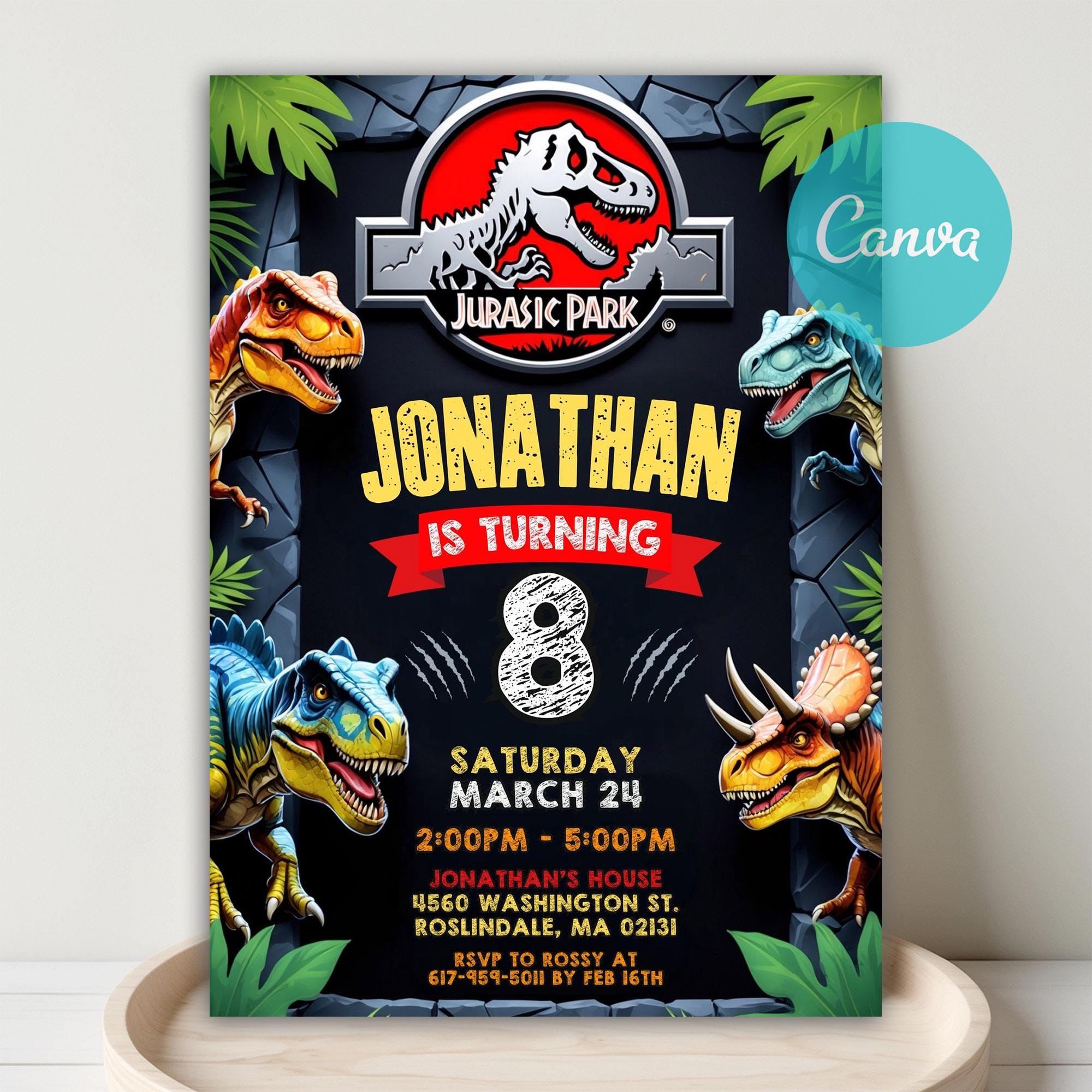 Invito di compleanno a tema dinosauri, invito a tema mondo dei dinosauri, invito a tema dinosauri, invito per festa a tema T-Rex, invito a tema comple