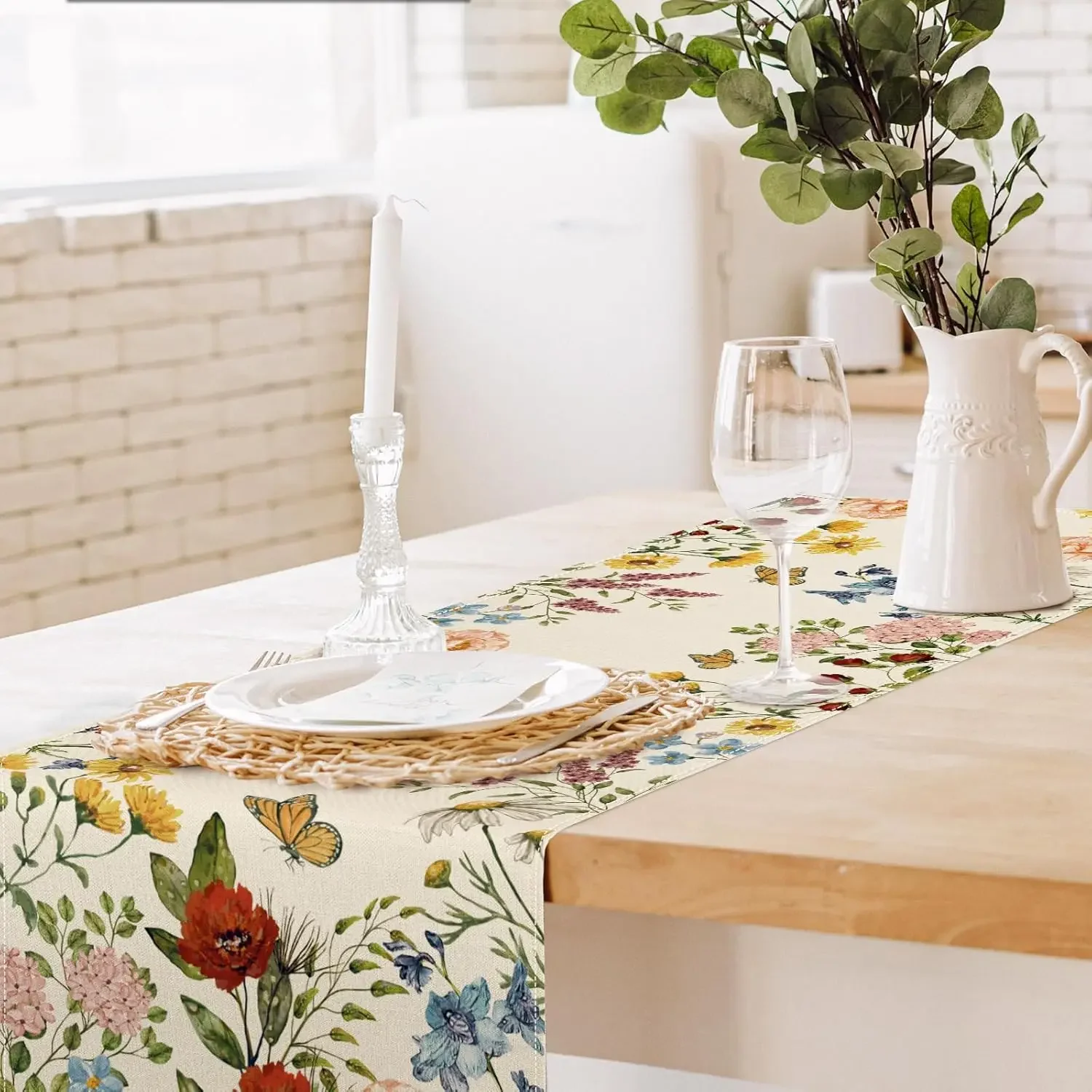 Frühling Aquarell Wildblumen Leinen Tischläufer für Urlaub Hochzeit Party Dekor Frühling Vintage Tischläufer Kommode Schal Dekor Image