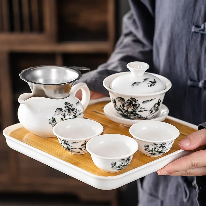 Household Kung Fu Tea Set, 1 Cover Bowl, 3 Cups with Dry Tray, Tea Making and Reception Ceramic Cup Set