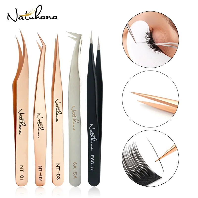 NATUHANA Antistatische gerade Wimpernverlängerungspinzette, industrielle Präzision, gebogene gerade Wimpern-Augenbrauenpinzette, Make-up-Tools Image
