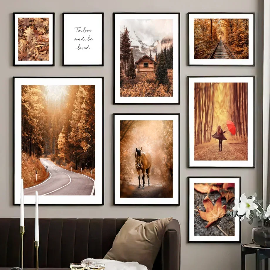 Herbst Milchwald Log Cabin Ahornblatt Natur Poster Wand Kunstdruck Leinwand Malerei für Wohnzimmer Moderne Wohnkultur Image