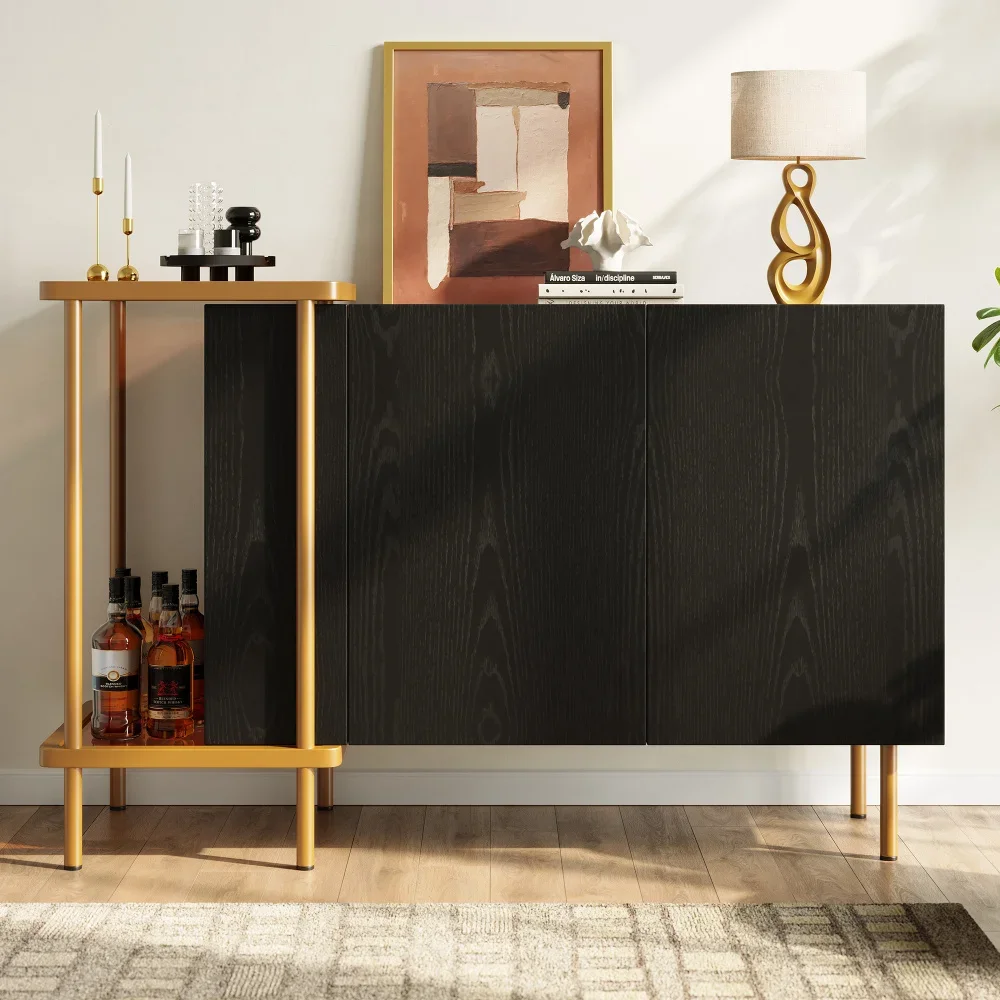 Moderner weißer Sideboard-Schrank mit 2 Türen und 2 offenen Fächern, Couchtisch aus Metall/Glas, Schwarz, 120 x 40 x 77,5 cm (L x B x H)