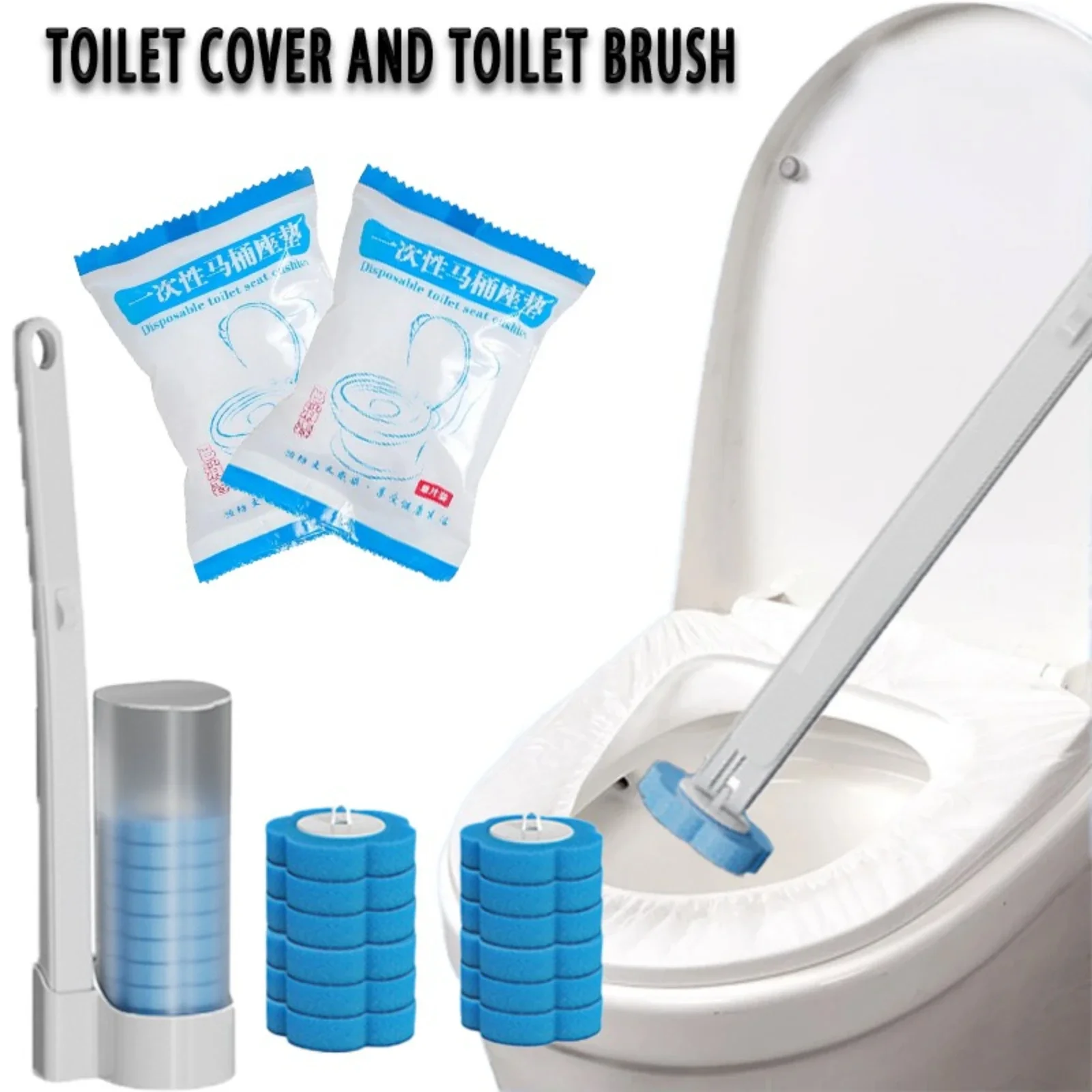 12 Einweg-Toilettenreiniger und Toilettenabdeckung, mit Badezimmer-Reinigungsbürste mit langem Griff und austauschbarem Bürstenkopf für Toiletten Image