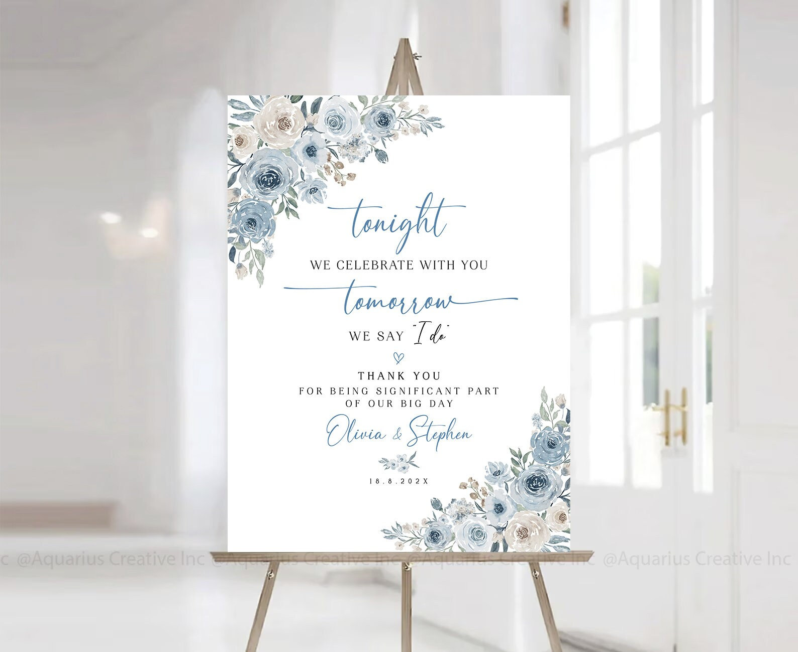 Cartello per cena di prova, cartello per prova di matrimonio, cartello di benvenuto per cena di prova, cartello di benvenuto blu polvere, cartello di