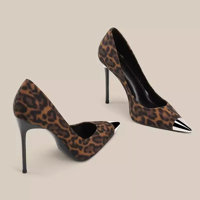 Women's Metal Iron Head Leopard Print Pointed High Heels Trend Elegant Lady Heeled Sandals Office Luxury Single Shoes 8cm/10cm