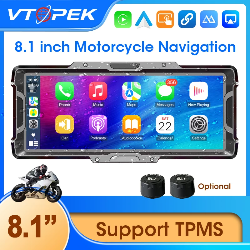 Vtopek 8,1 Zoll Tragbare Motorrad Carplay Navigation GPS Digital Dashboard Motorrad Android Auto Wasserdicht Moto Monitor IPX7 Image