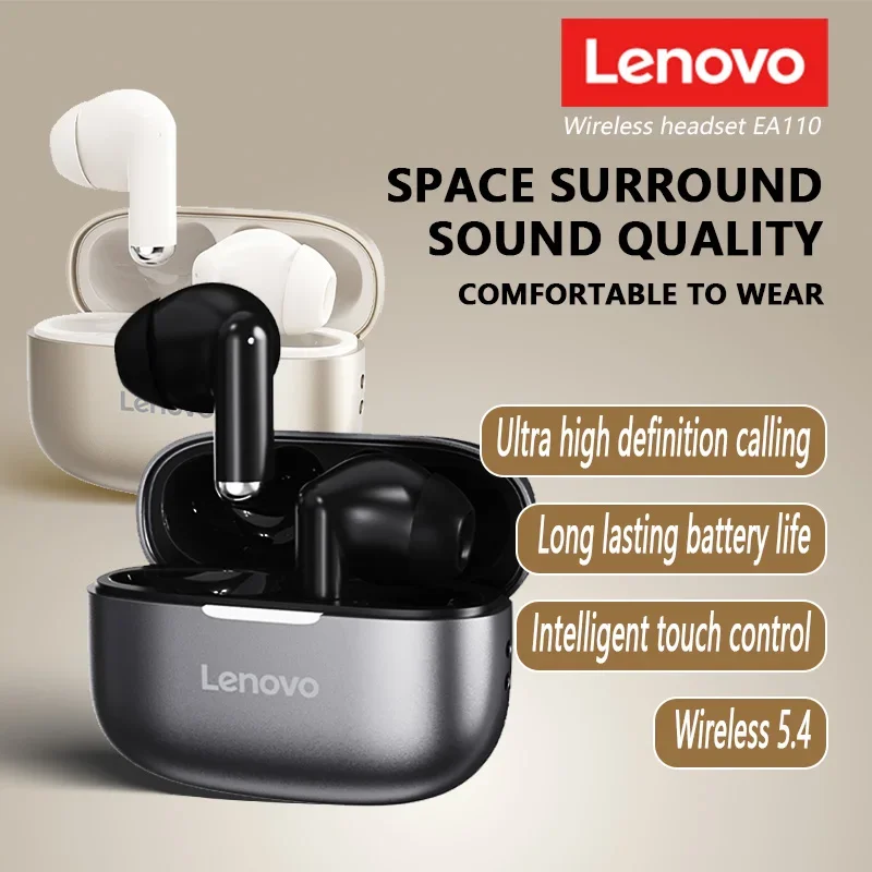 Lenovo EA110 Auricolare wireless Bluetooth 5.4 Cuffie con controllo touch intelligente Batteria a lunga durata Supporto Android ISO