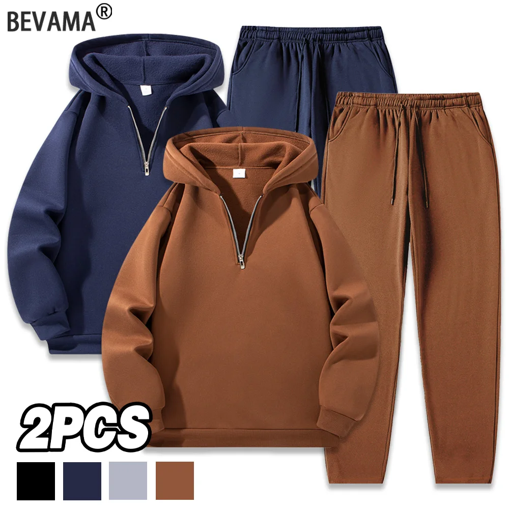 2025, neuer Herren-Hoodie mit halbem Reißverschluss und Hose, Anzug, Herbst und Winter, einfarbig, lässige Sportbekleidung, warmer Anzug im Freien, S-2XL-Trainingsanzug Image