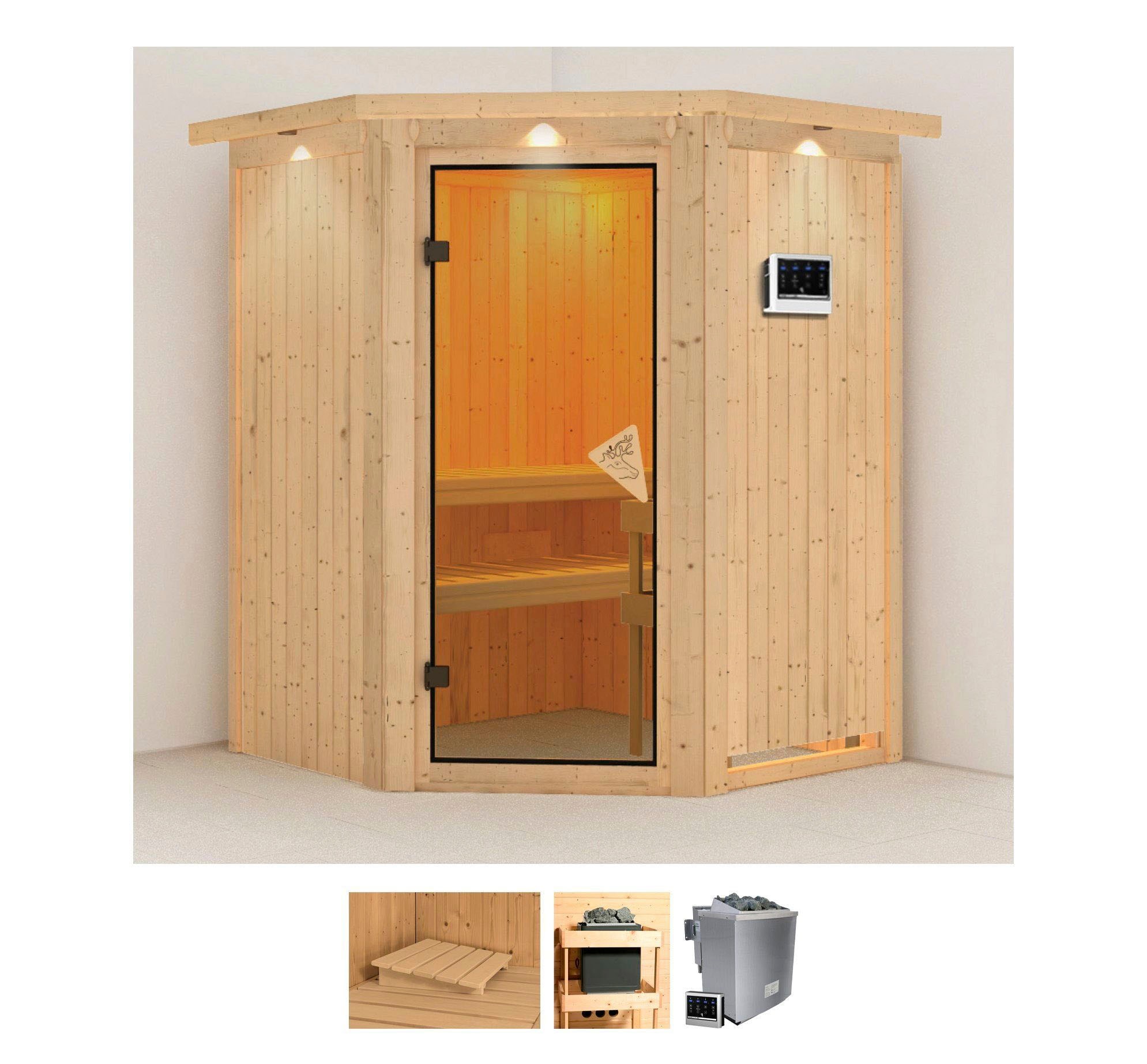Sauna KARIBU "Larin", beige (naturbelassen), Bio-Kombiofen, externe Steuerung, 9 kW, Saunen, 9 KW-Bio-Ofen mit externer Steuerung Image