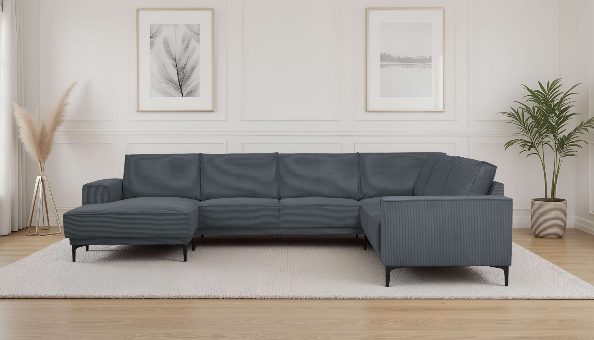 Wohnlandschaft OTTO HOME "XXL Sofa Oland, Struktur, Flachgewebe, Luxus-Microfaser, Boucle", dunkelgrau, B:342cm H:85cm T:260cm, 92%PES 8%NY, Sofas, Wohnlandschaft, U-Form, 342 cm, Wellenunterfederung, Skandi-Design, Metallfüße