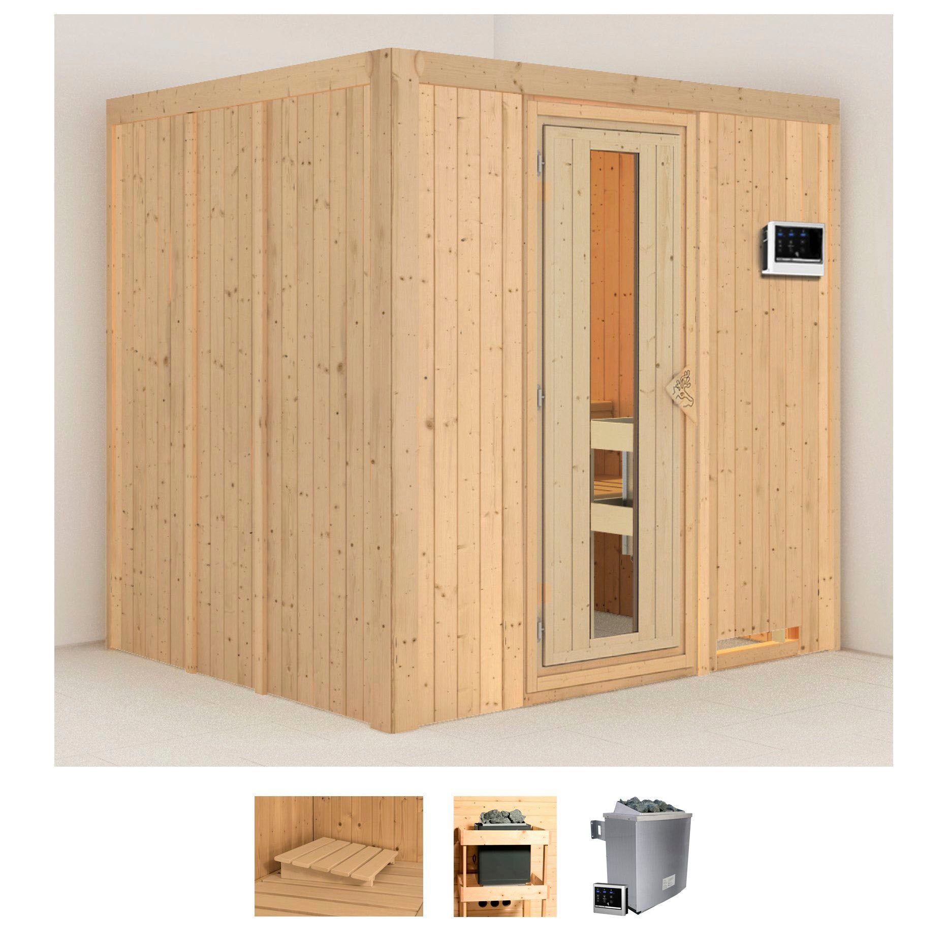 Sauna KARIBU "Sodin", beige (naturbelassen), Saunaofen, externe Steuerung, 9, Saunen, 9 KW-Ofen mit externer Steuerung Image