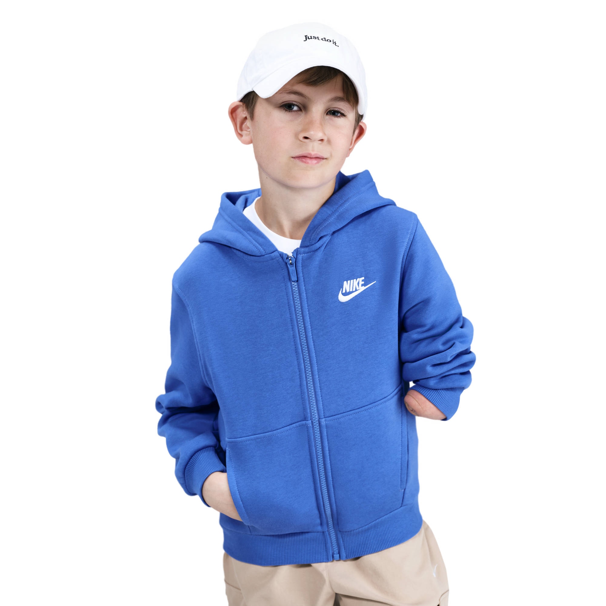 Kapuzensweatjacke NIKE SPORTSWEAR "K NSW CLUB FLC HD FZ LS LBR", Kinder, Gr. M (140/146), comet blau, weiß, Sweatware, Obermaterial: 80% Baumwolle, 20% Polyester, Sportlich, Rippbündchen, Sweatjacken Image