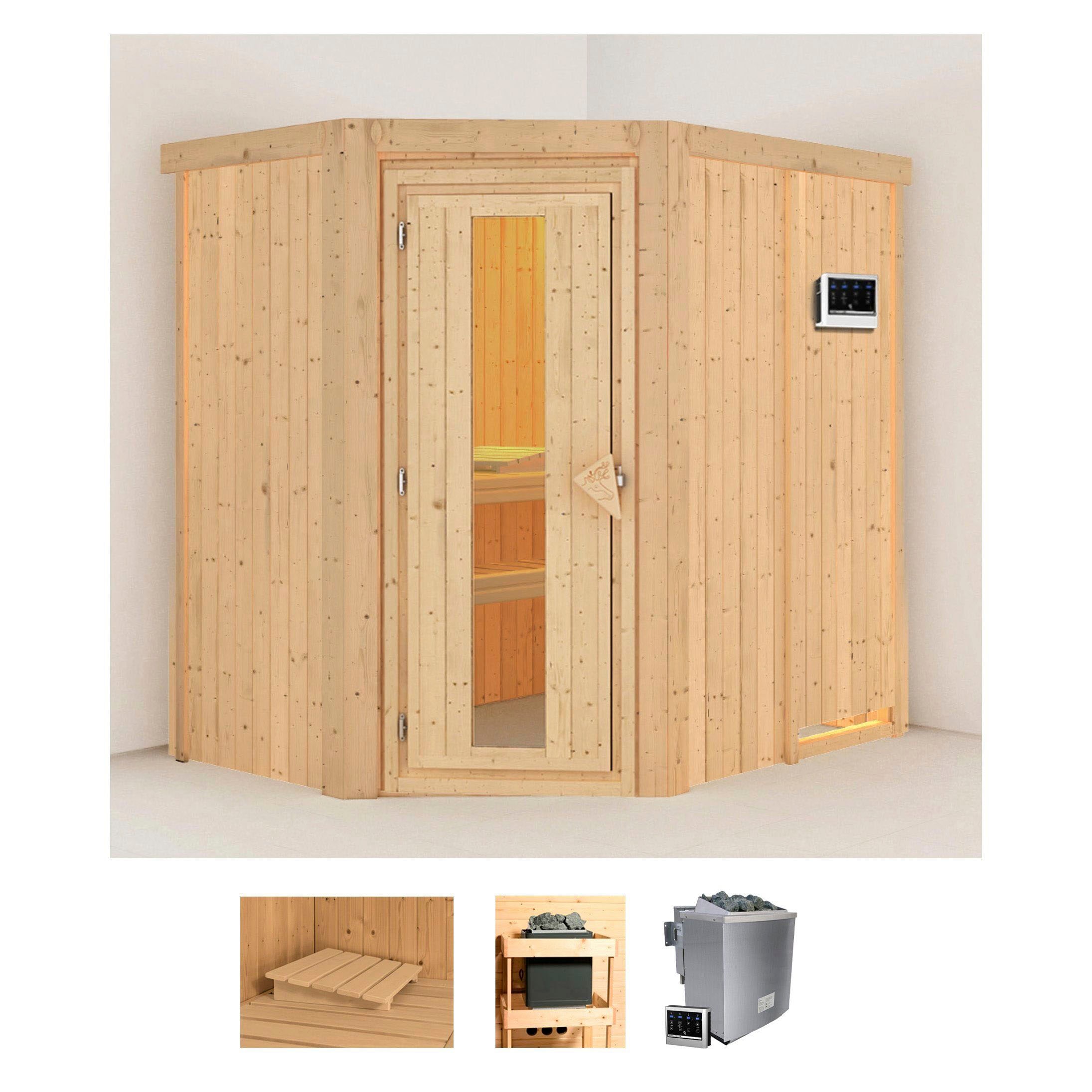 Sauna KARIBU "Clara", beige (naturbelassen), Bio-Kombiofen, externe Steuerung, 9, Saunen, 9 KW-Bio-Ofen mit externer Steuerung Image
