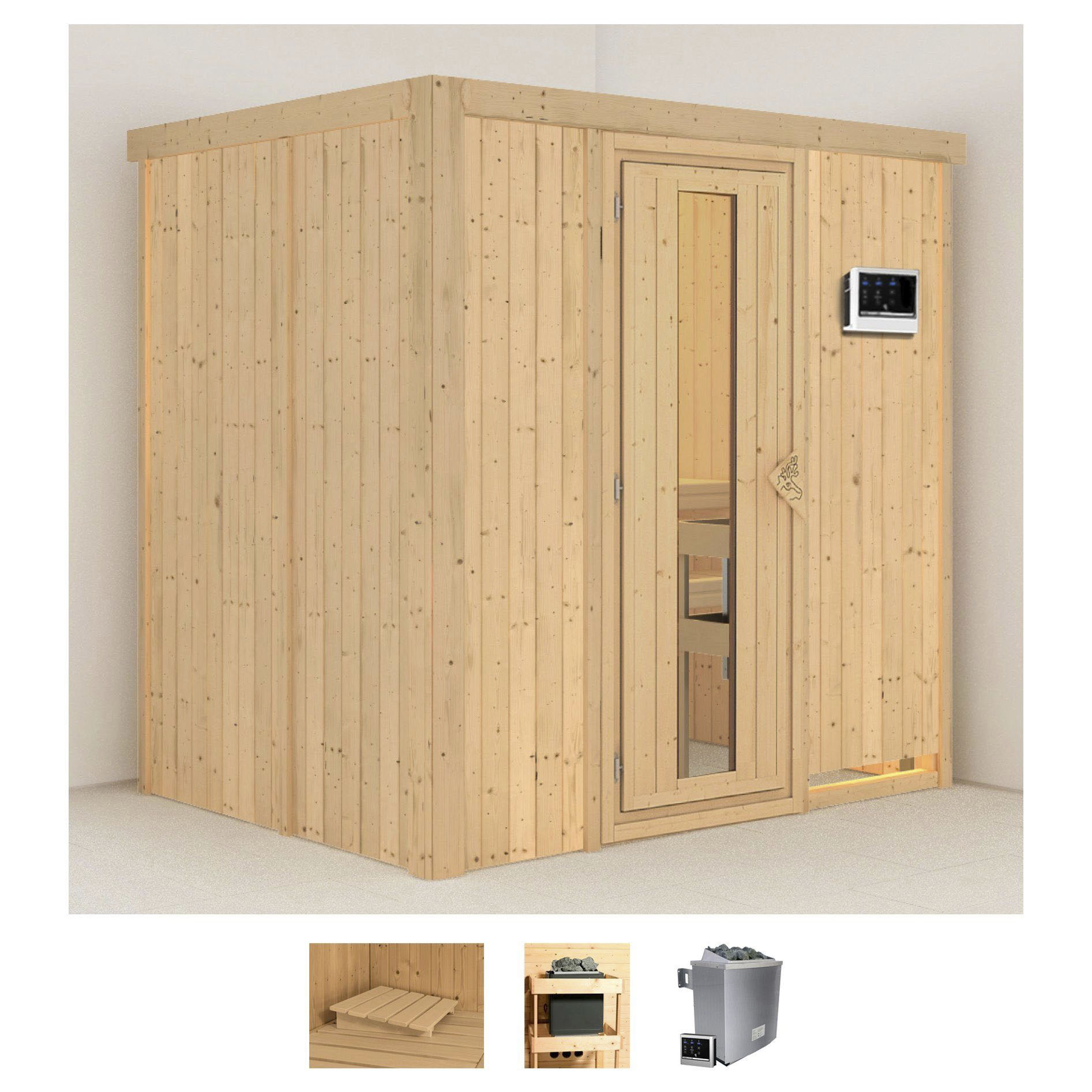 Sauna KARIBU "Bedine", beige (naturbelassen), Saunaofen, externe Steuerung, 9 kW, Saunen, 9 KW-Ofen mit externer Steuerung Image