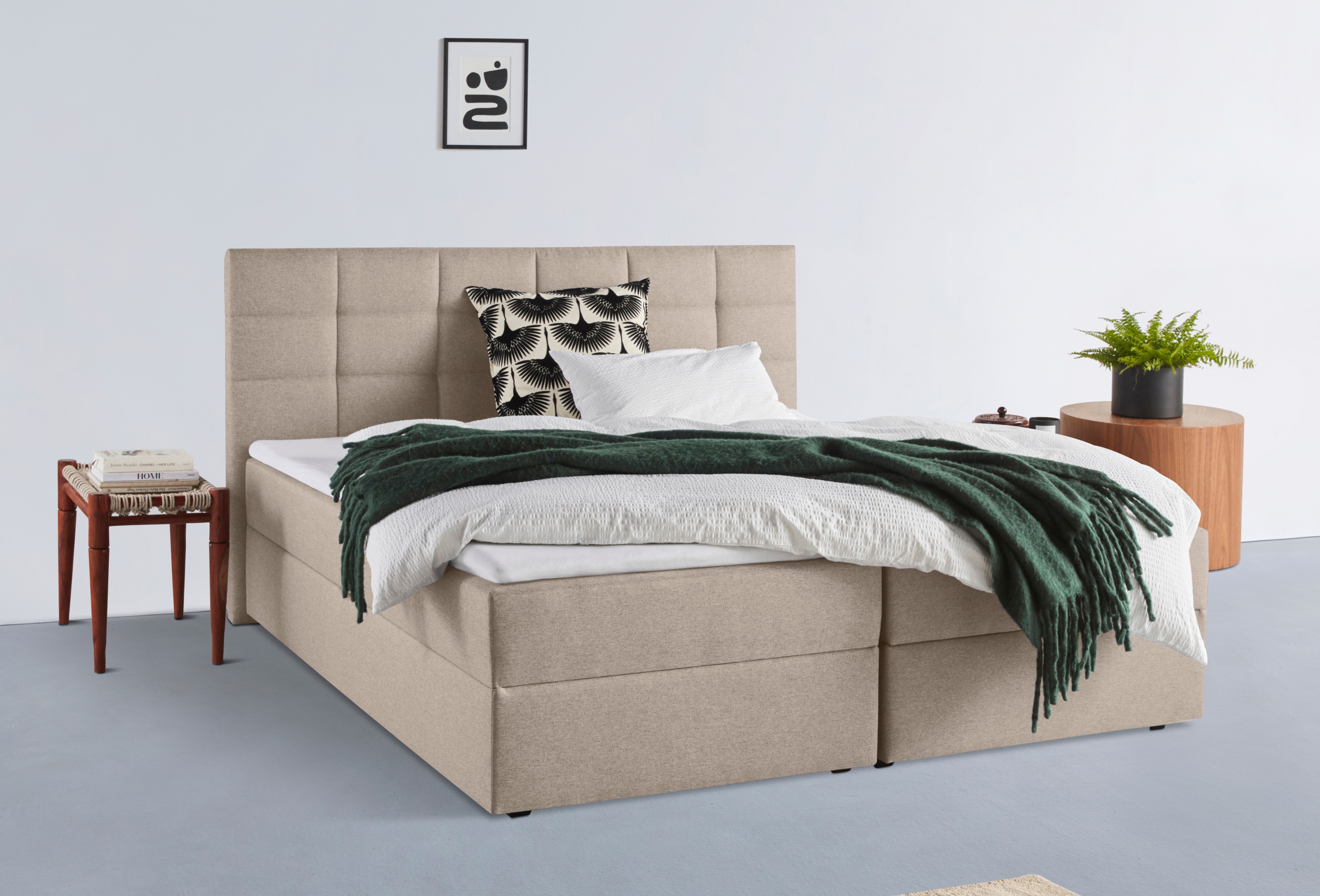 Boxbett INOSIGN "Ovalo", beige, creme, B:194cm L:230cm, Komplettbetten, Boxspringbett, wahlweise mit Bettkasten, in H2, H3 & H4 erhältilich, Topseller Image