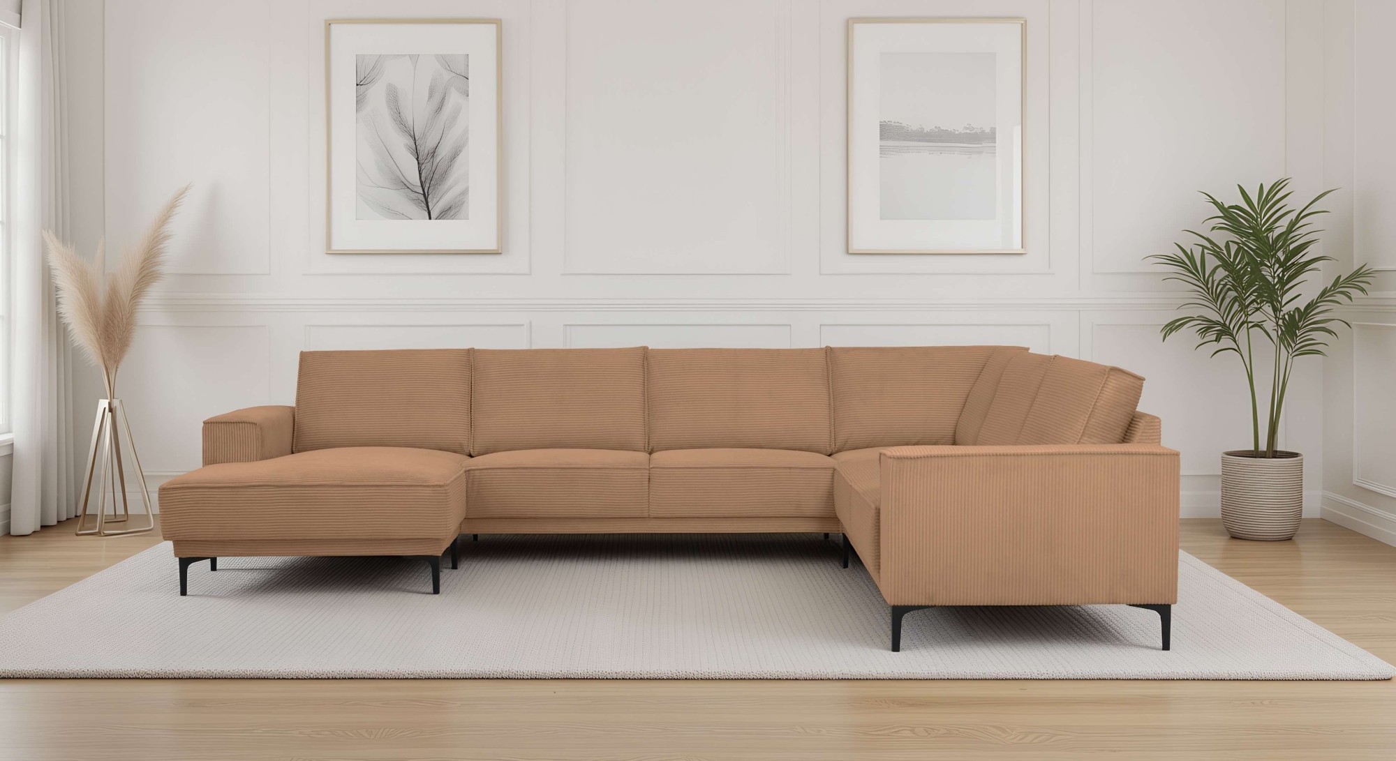 Wohnlandschaft OTTO HOME "XXL Sofa Oland, Struktur, Flachgewebe, Luxus-Microfaser, Boucle", light braun, B:342cm H:85cm T:260cm, 92%PES 8%NY, Sofas, Wohnlandschaft, U-Form, 342 cm, Wellenunterfederung, Skandi-Design, Metallfüße