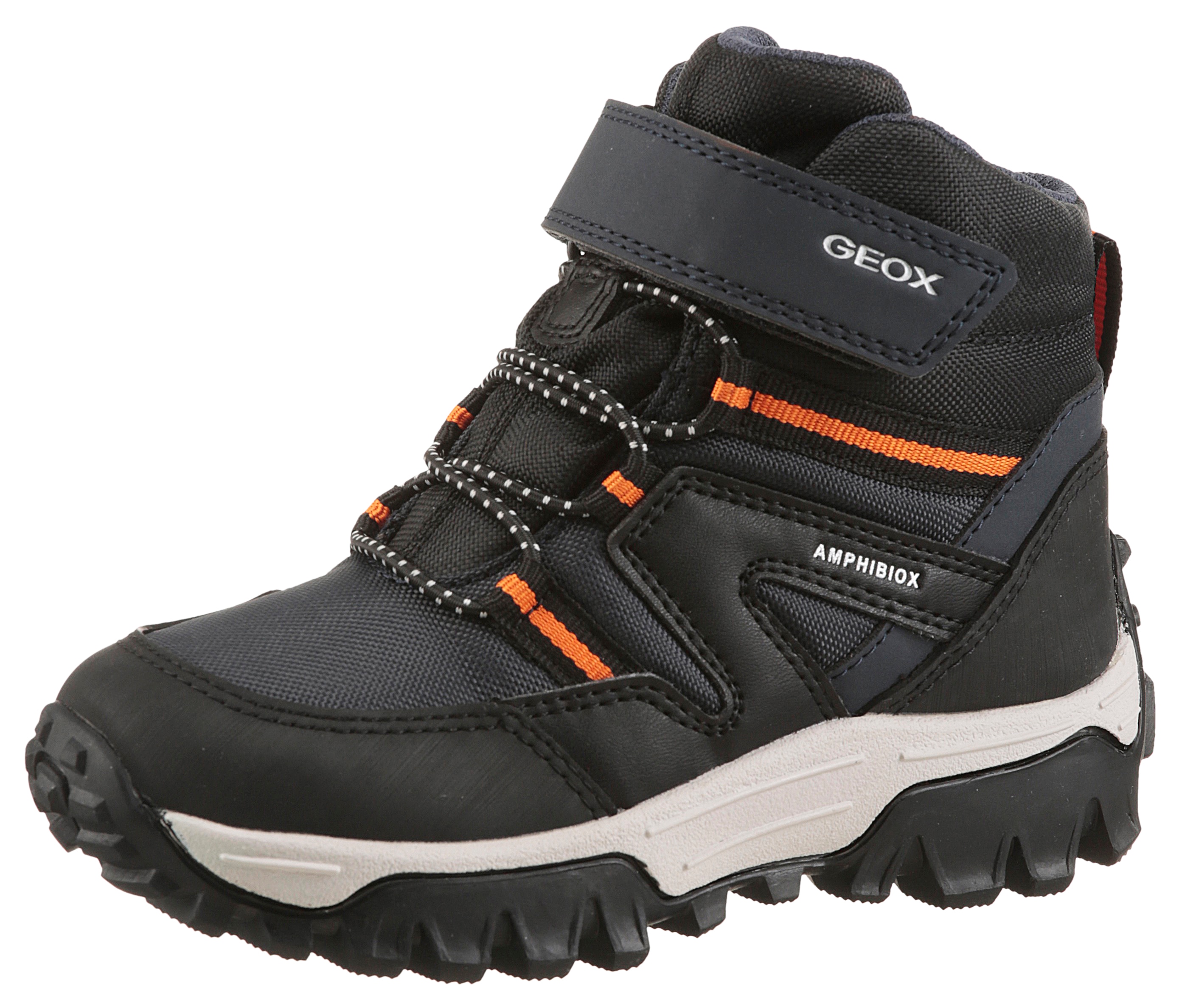 Winterboots GEOX "J HIMALAYA BOY B ABX", Kinder, Gr. 36, navy, orange, Synthetik, Textil, kontrastfarbene Details, Sportlich, Schuhe, Snowboots, Klettstiefel mit Warmfutter, Größenschablone zum Download