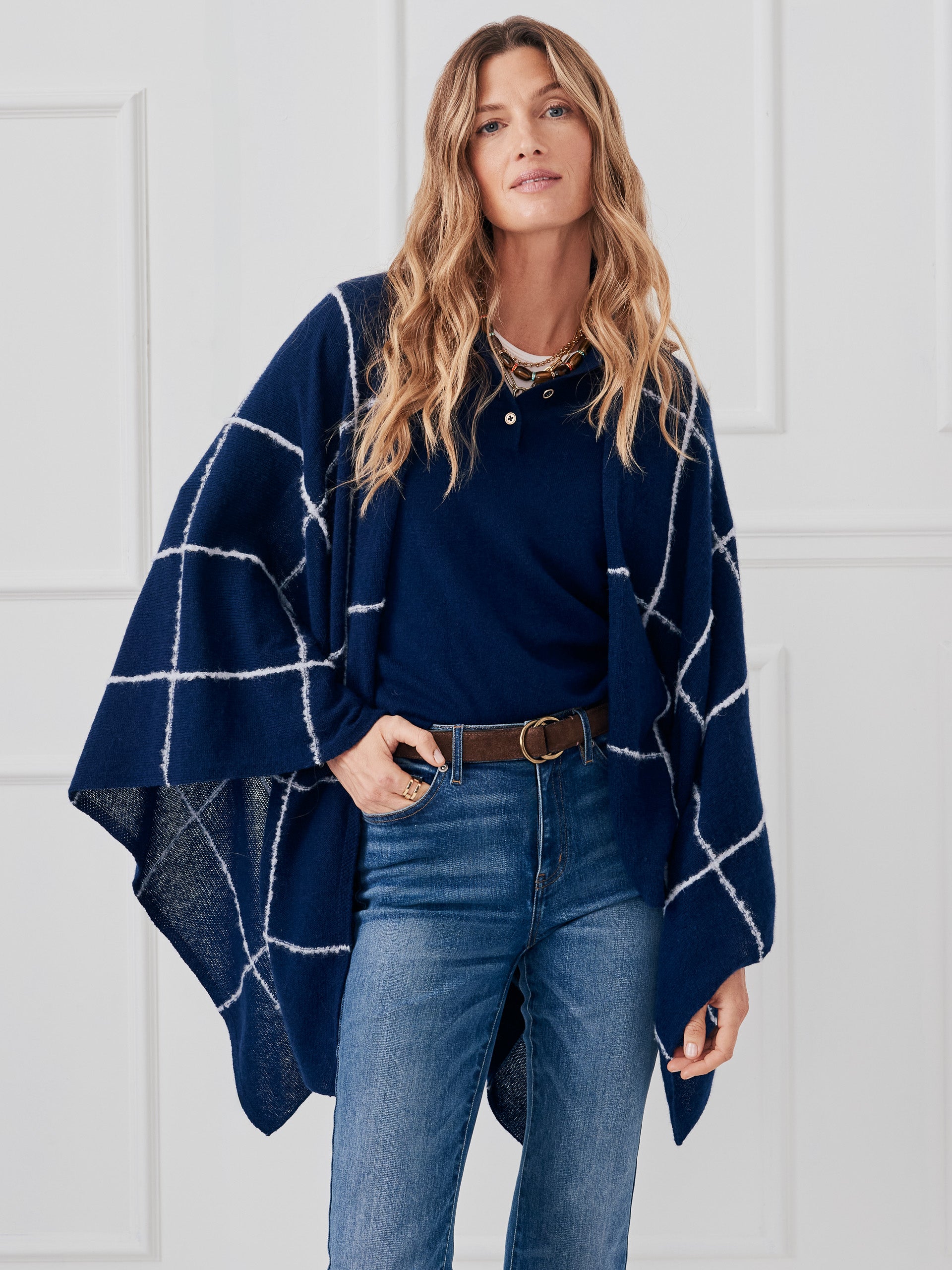 J.McLaughlin Women's Chantal Cashmere Wrap in Window Pane Navy/Light Blue