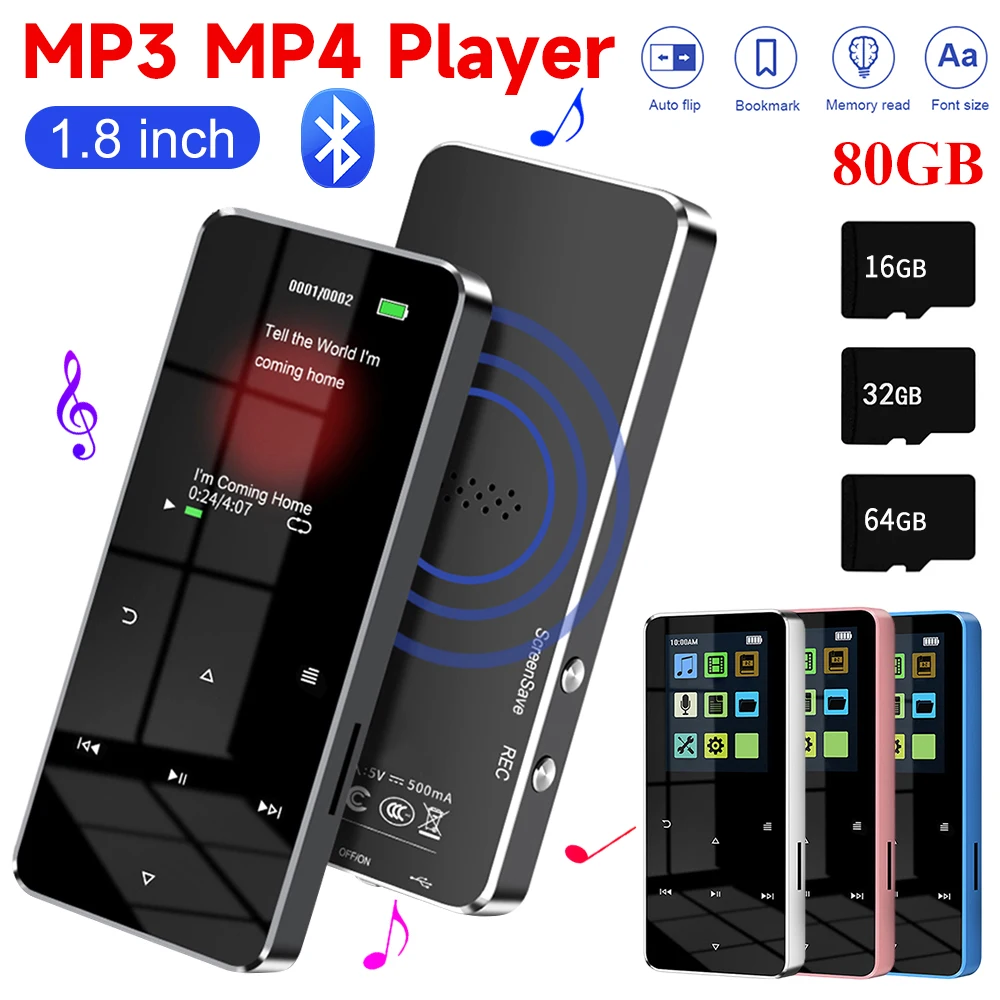 Lecteur de musique MP3 5.0, compatible Bluetooth, écran tactile, baladeur de sport, prise USB 2.0 3.5mm, avec enregistrement de livres électroniques, haut-parleur intégré