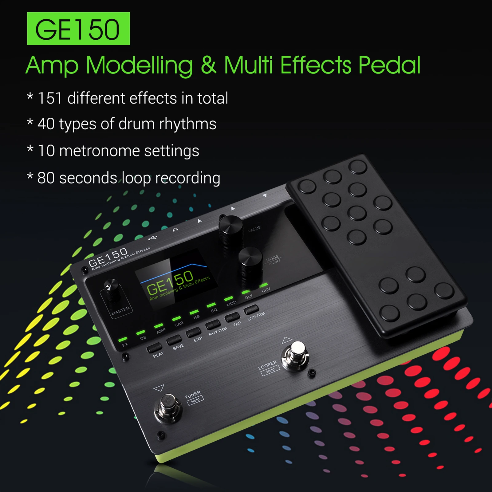 MOOER GE150 Amp Modelling & Multi Effects Pedal 55 Amplifier Models 151 Effects 80s Looper 40 Drum Rhythms 10 Metronome Tap Temp