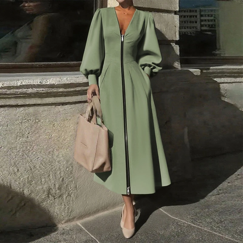 Modigirl femmes automne robe à glissière 2025 nouveau printemps a-ligne manches bouffantes col en v urbain Simple décontracté robes mi-longues avec poches