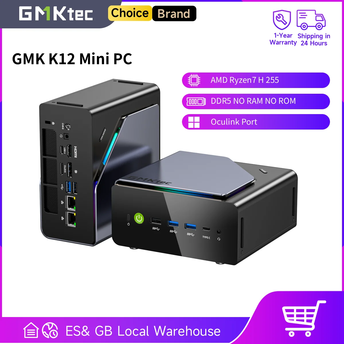 GMKtec K12 Mini PC AMD Ryzen7 H 255 (mis à niveau 8745HS) Oculink DDR5 sans RAM sans ROM ordinateur de bureau fenêtre 11 Pro PC de jeu WIFI6E