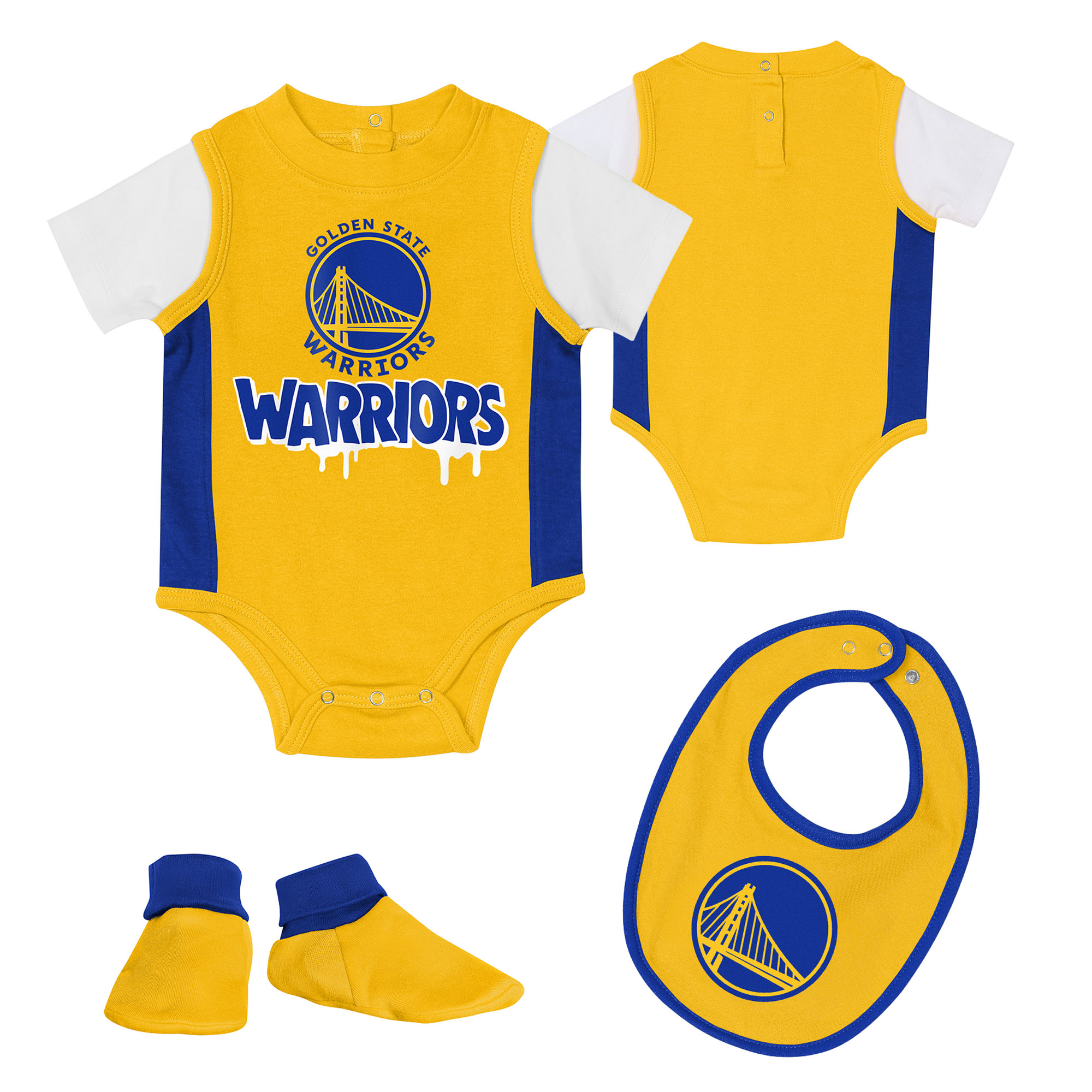 Golden State Warriors 3-Punkte-Spieler-Set, Strampler, Lätzchen und Stiefelchen – Kleinkind Image