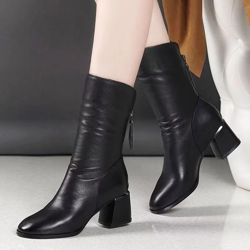 Herbst Winter Mid-Kalb Stiefel frauen 2025, Neue Schwarz Weiche PU Leder Dicke High Heels Schuhe Frauen Martin stiefel