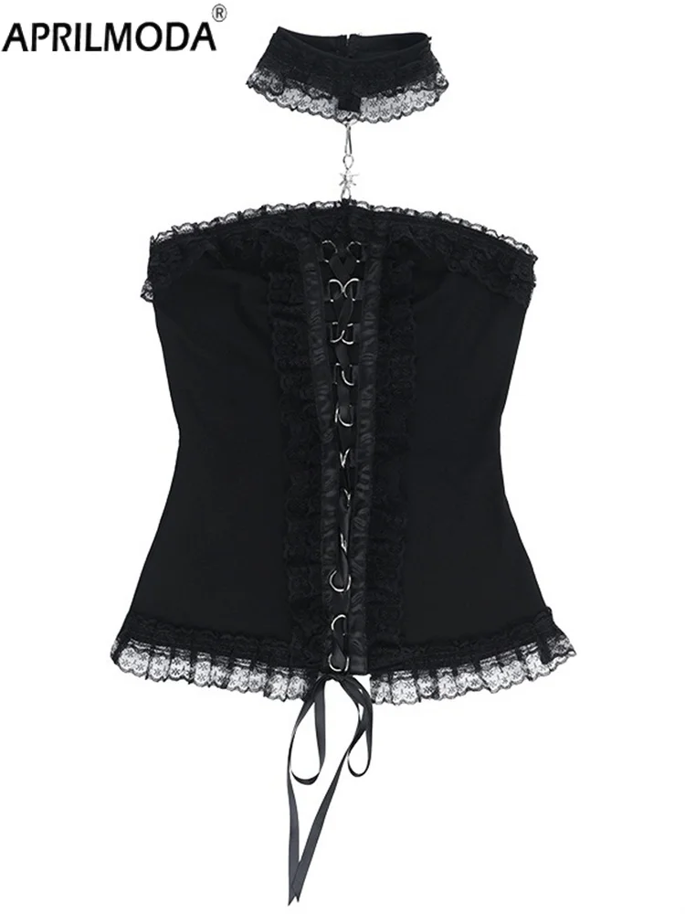90er Jahre Harajuku schwarze Spitze Sexy Gothic Frauen schwarzes Hemd trägerlose ästhetische Frauen Hotsweet Y2k Hot Girl 2000er Jahre Tank Tops Streetwear