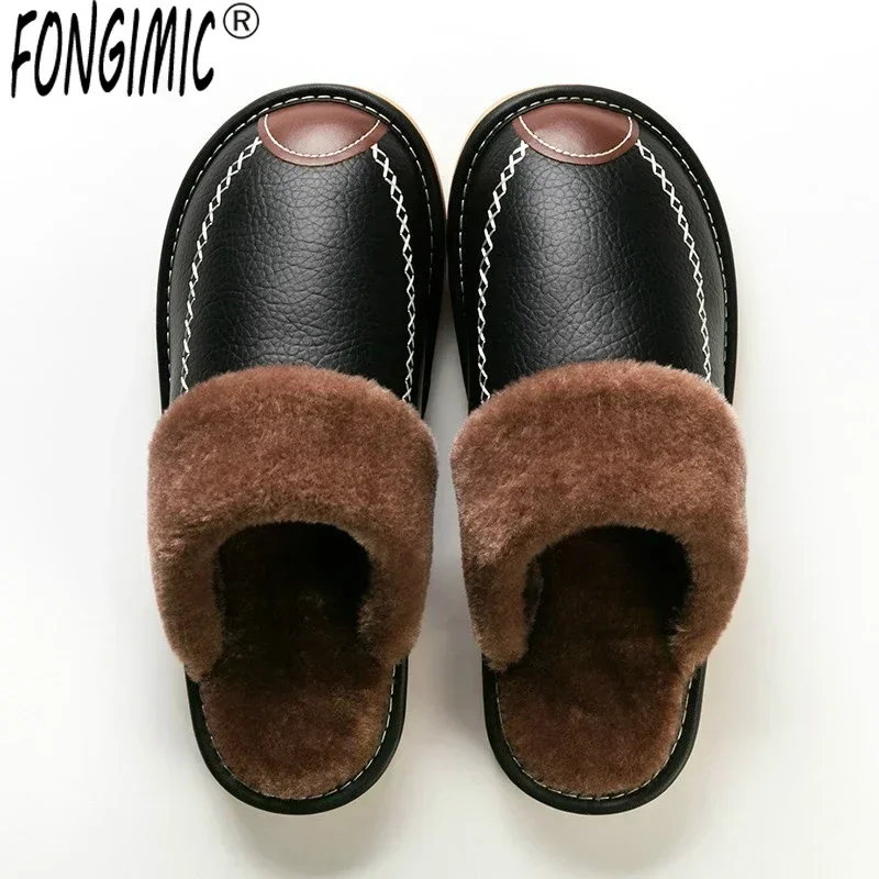 Männer Winter Leder Hausschuhe Schlafzimmer Baumwolle Hausschuhe Männlich Wasserdicht Dick Plus Samt Innen Warmes Haus Hause Hausschuhe Schuhe