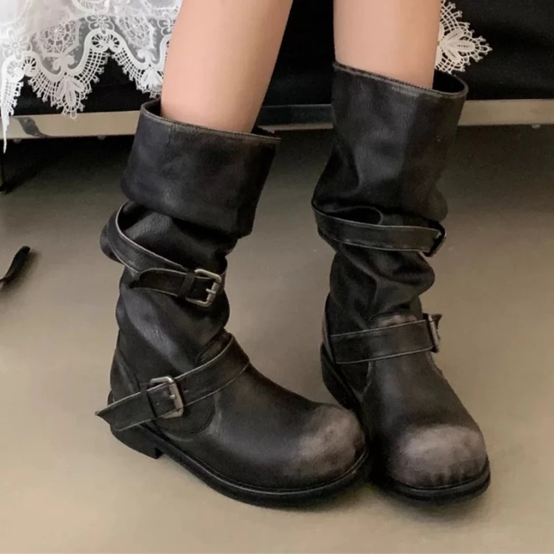 Lange Stiefel für Damen, modisches Kleid, flache Schuhe für Damen, Designer-Winter-Motorradstiefel, 2025, Gothic Chelsea Botas De Mujer Schuhe