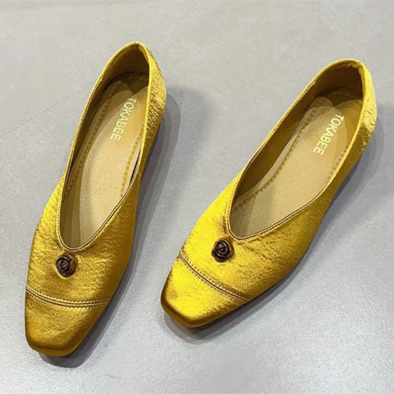 Elegant Gold Chunky Heel Women's Loafers Fashion Metal Flower Decoration Mules Casual Shoes for Women Light Comfort Office Shoes