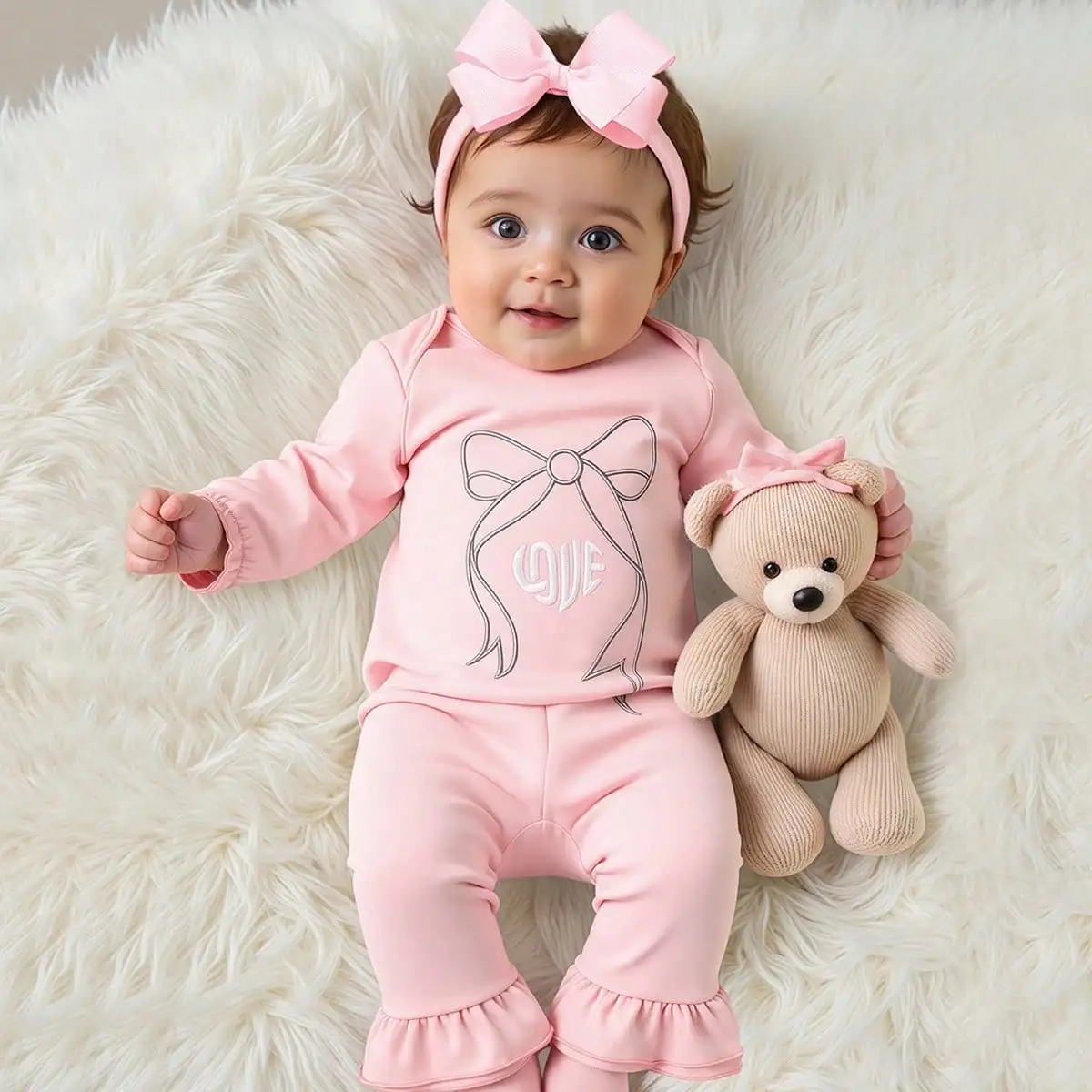 Ylsteed 2-teiliges Set „Bowknot LOVE“ Stickerei Neugeborenes Mädchen Fotografie Outfit Passend mit Schleife Stirnband Rosa Baby Rüschen Overall Image