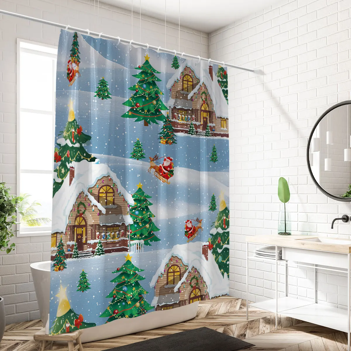 1 Stück Weihnachtstag bedruckter wasserdichter Duschvorhang Duschtrennwand Sichtschutz-Hängevorhang mit 12 Haken Einfache Installation