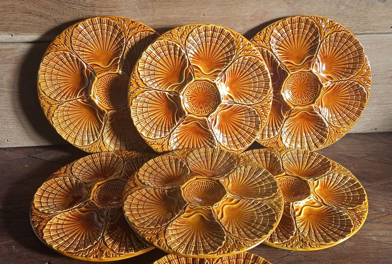 Set di piatti antichi per ostriche, metà secolo, fabbrica dal Portogallo, maiolica, piatti per ostriche vintage, piatti per 6 persone