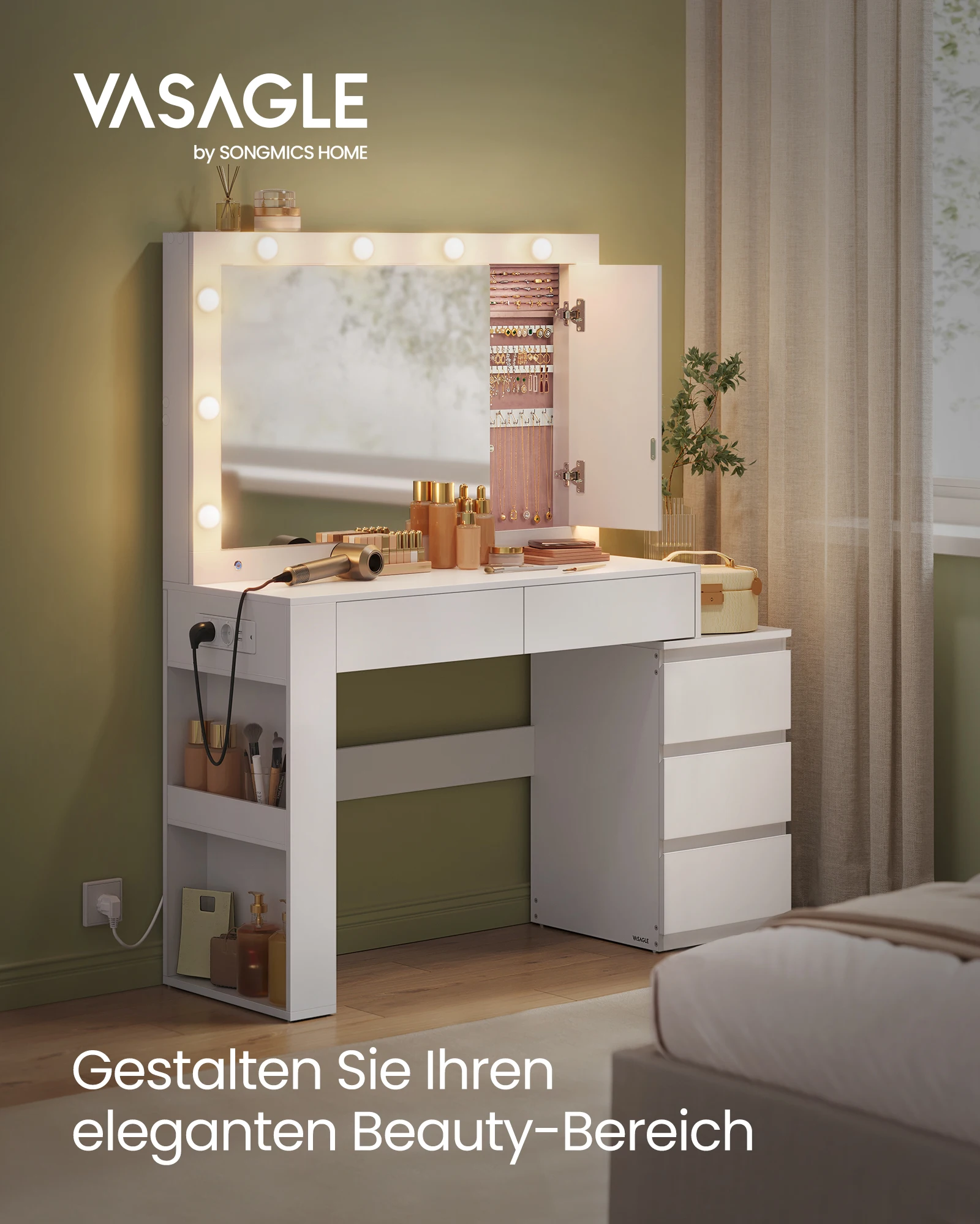 VASAGLE Schminktisch mit LED-Beleuchtung, Frisiertisch mit Spiegel, Schmuckschrank, Steckdosenleiste, 40 x 125 x 140 cm