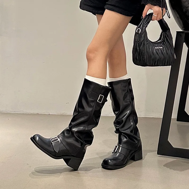 2025 frau Stiefel Kniehohe Plattform Chunky Heels Trend Punk Gothic New Rock Leder Mode frauen Schuhe Motorrad Schuhe