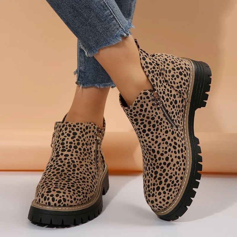 2025 Ladies Shoes Leopard Print Side Zipper Women's Fashion Round Toe Office and Career New Plus Size Best Seller Ankle Boots