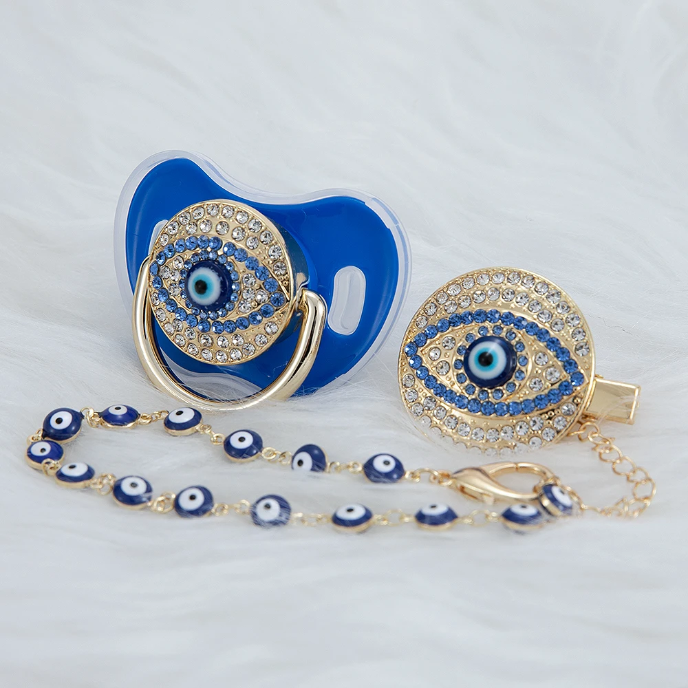MIYOCAR blau Bling bösen blick schnuller und clip set schnuller kette halter bling bunte schöne böse auge schnuller AEYE-C Image