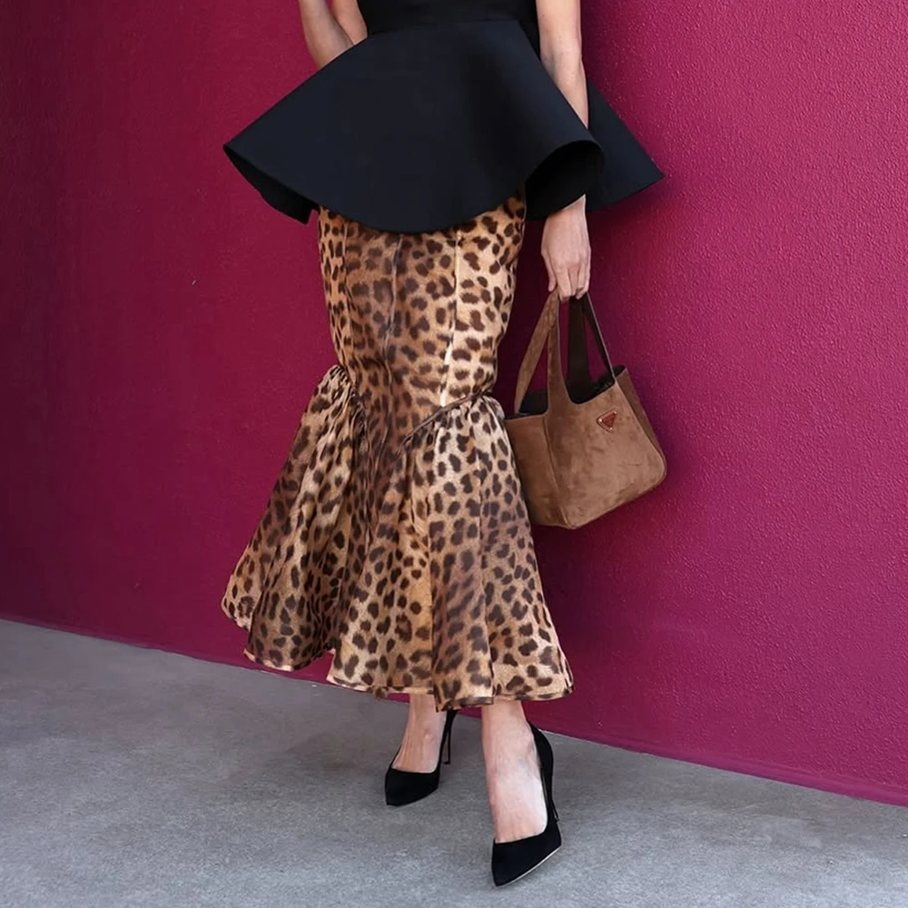 Modischer Damenrock aus Satin mit Leopardenmuster, hübscher Rüschen, drapierter Taft, formelle Anlässe, Röcke, moderner, bauschiger Party-Abschlussball-Rock Image