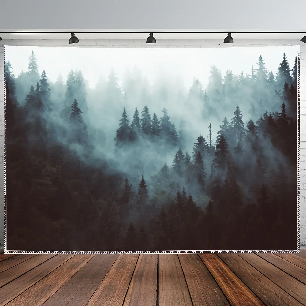 Wald und Berge nebliger Wandteppich Aquarell Landschaft Wandbehang ästhetische Salbeigrün Dekor für Schlafzimmer und Wohnzimmer Image