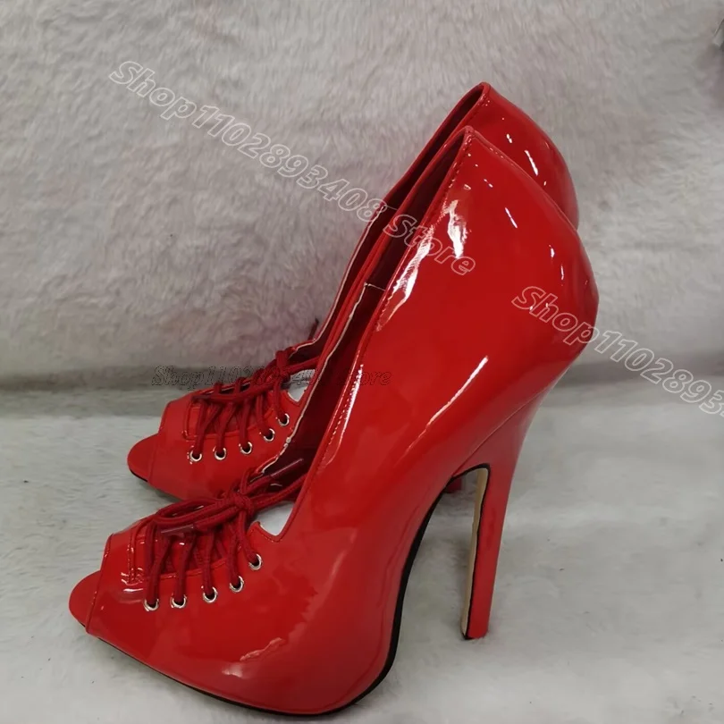 Rote Schnür-Stiletto-Pumps, Peep-Toe, britischer Stil, Mode, Sommer, Lackleder, Partykleid, Damenschuhe, 2025, Zapatos Para Mujere