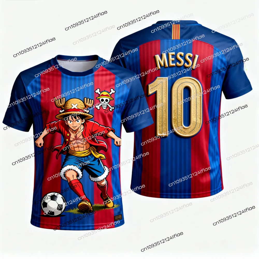 2025, neues One Piece Ruffy, speziell hergestelltes Messi-Fußballtrikot-T-Shirt für Kinder, Cartoon-T-Shirt für Erwachsene, Herren/Damen, Fußballtrikot Image